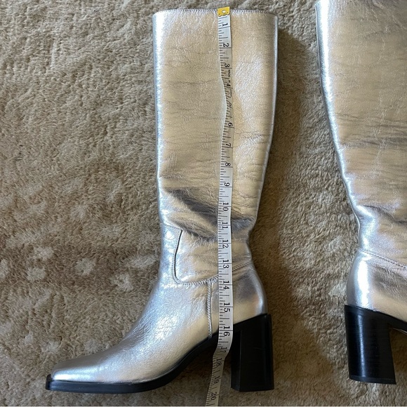 Anthropologie Caverley Oscar Metallic Silver Leather Slim Calf Tall Boot Size 39 - Picture 12 of 16
